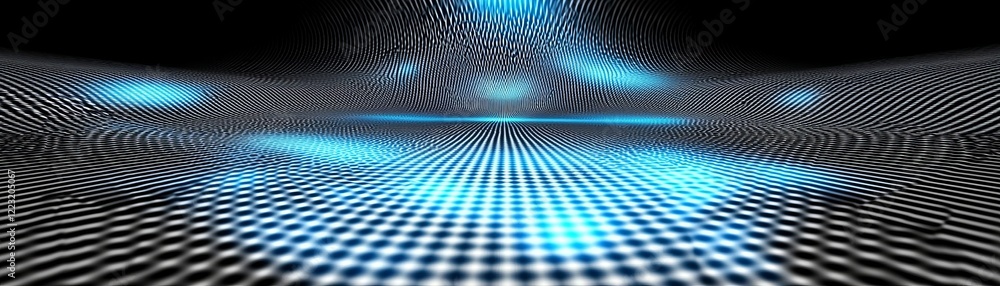 Poster a mesmerizing digital landscape with a pattern of blue and black dots, creating a sense of depth and