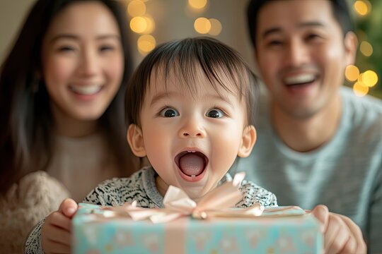 Joyful child excitedly holding gift, surrounded by smiling paren