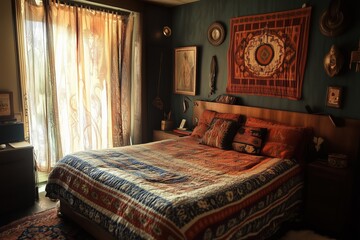 Fototapeta premium A cozy Southwestern interior design style bedroom featuring a large bed with a colorful patterned quilt, adorned with decorative pillows. The walls are painted in a deep color, and various artworks.