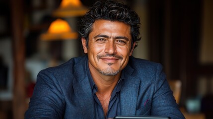 Confident man in a blazer smiling at a cafe table, with warm lighting and rustic decor in background