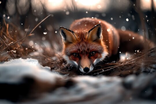 Fox hunting in a snowy field, dynamic movement captured in daylight, showcasing the elegance and agility of wildlife in winter.