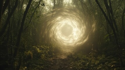 Mysterious glowing forest portal illuminating pathway in enchanted woods