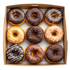 Freshly baked donuts in a cardboard box ready for breakfast or dessert