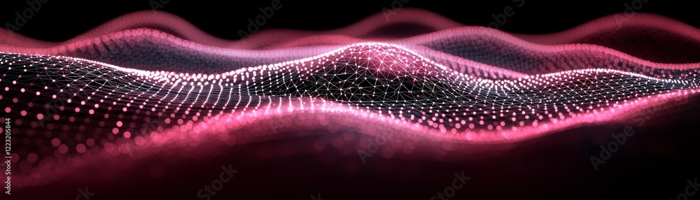 Poster a vibrant, digital landscape featuring flowing waves of light and dots, creating a mesmerizing visua