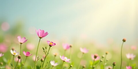 Obraz premium Serene Pastel Blossoms in a Sunlit Meadow, Delicate Petals and Gentle Breeze, Peaceful Springtime Scenery