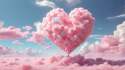 A whimsical, heart-shaped cloud filled with soft pink and blue swirls floats against a vibrant sky,