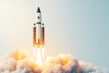 A stylized 2D depiction of a rocket launching in stages, with consecutive clouds of smoke and fire beneath it, all set against a white backdrop