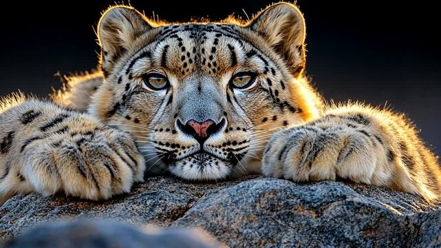 A close-up of a resting snow leopard, showcasing its striking features and fur patterns.