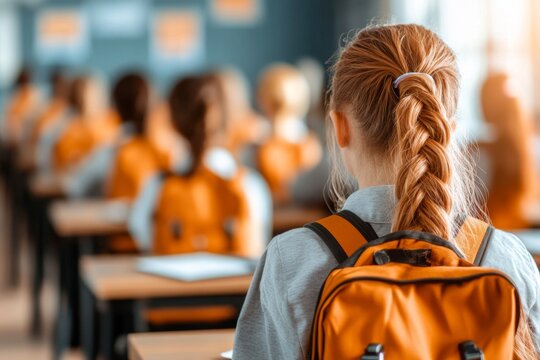 A student wearing a school uniform and neatly arranging their desk, complying with the school code of conduct