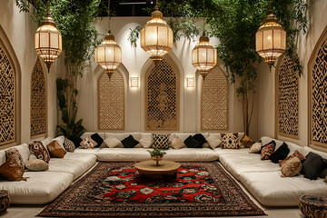 Elegant middle eastern lounge with ornate decor and Arabic hanging lanterns
