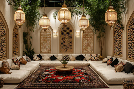 Elegant middle eastern lounge with ornate decor and Arabic hanging lanterns