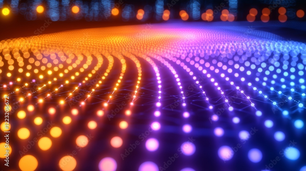 Poster a vibrant, abstract pattern of glowing dots in orange, purple, and blue, creating a dynamic wave-lik