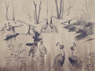 Decorative picture with wild birds and nature in vintage style. Wallpapaer, mural.