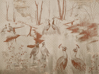 Decorative picture with wild birds and nature in vintage style. Wallpapaer, mural.