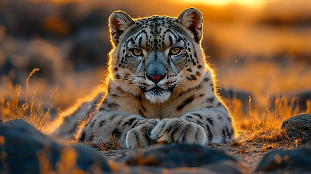 A close-up of a snow leopard resting in a golden landscape at sunset.