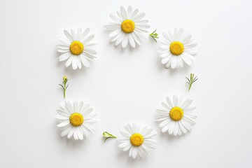 Obraz premium Circular arrangement of white daisies with yellow centers on a clean white background