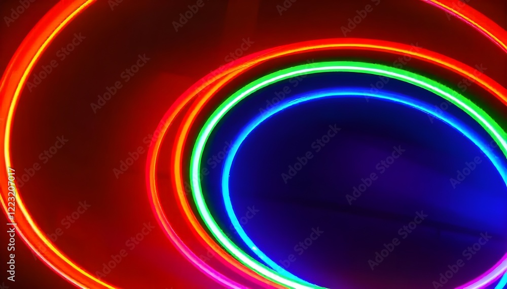 Aufkleber Bright, multicolored neon rings arranged in concentric circles glow vividly against a dark backdrop, forming a captivating and dynamic light display that radiates energy in a hypnotic, swirling patter