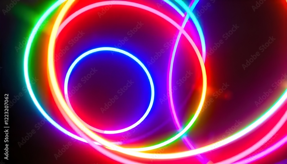 Poster bright, multicolored neon rings arranged in concentric circles glow vividly against a dark backdrop,