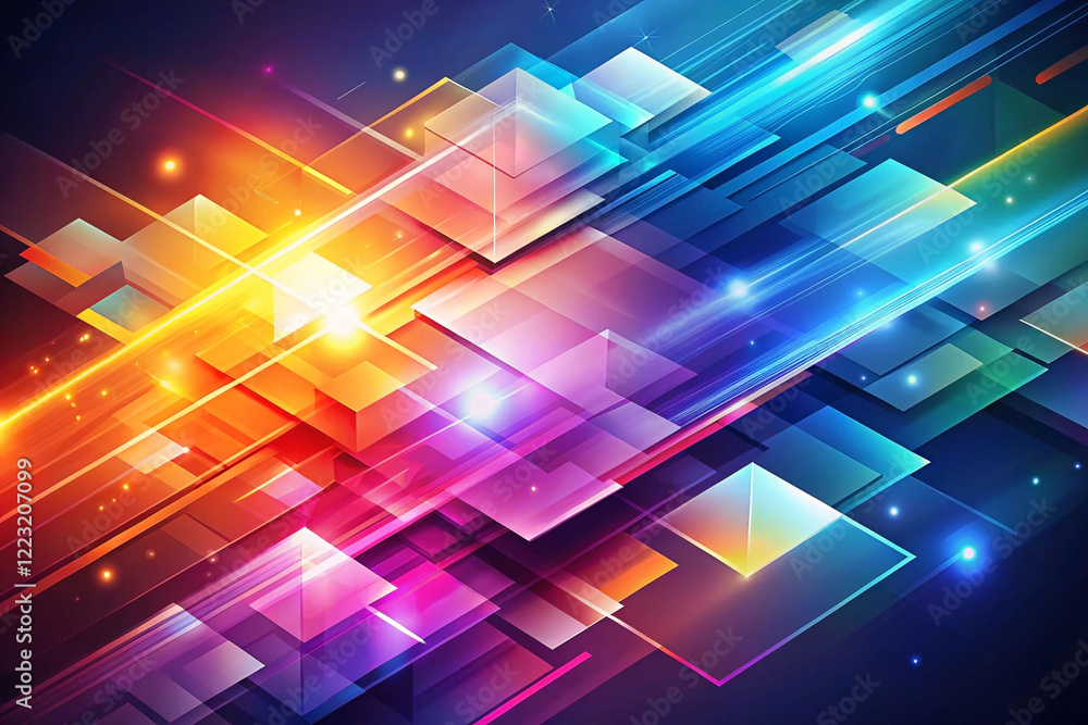 Poster abstract colorful geometric shapes with glowing lines and light effects.