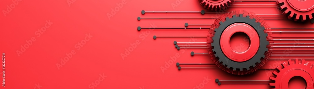 Poster a vibrant red background features black and red gears, symbolizing engineering and innovation with d
