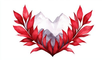 Fototapeta premium Watercolor Heart Shaped Mountain Landscape with Red Leaves Botanical Illustration Nature Art