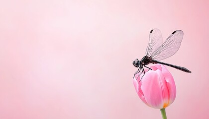 A delicate dragonfly perched on a pink tulip against a soft pink background, symbolizing nature's beauty