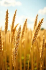 Fototapeta premium Golden Wheat Field at Sunset A Detailed Close-up of Ripe Grain Stalks Basking in the Warm Evening Light