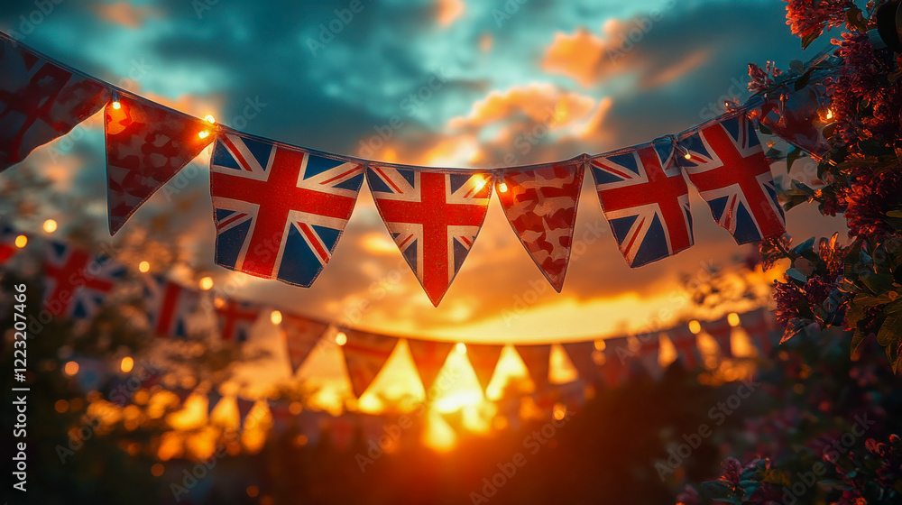 Poster a festive street in london adorned with union jack flags and warm string lights, creating a vibrant 