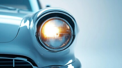 Glowing round retro headlights vintage automobile detail shot studio setting close-up nostalgia