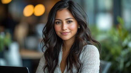 Young woman smiling warmly at a cafe, surrounded by greenery and soft lighting, creating a cozy atmosphere