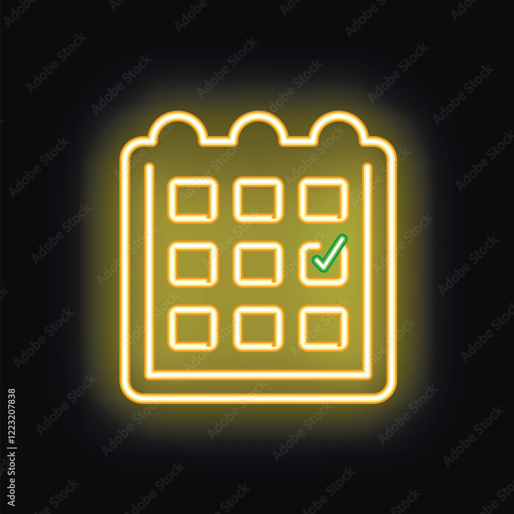 Aufkleber neon yellow calendar icon glowing on dark background with green check mark signifying successful com