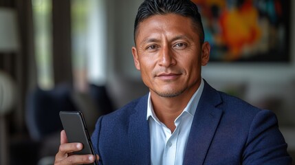 Confident man in formal attire holding smartphone in modern living room with abstract art