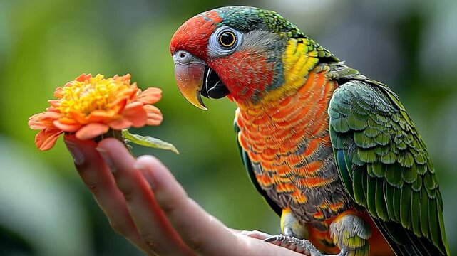 A colorful parrot perched on a hand near a vibrant flower in a natural setting.