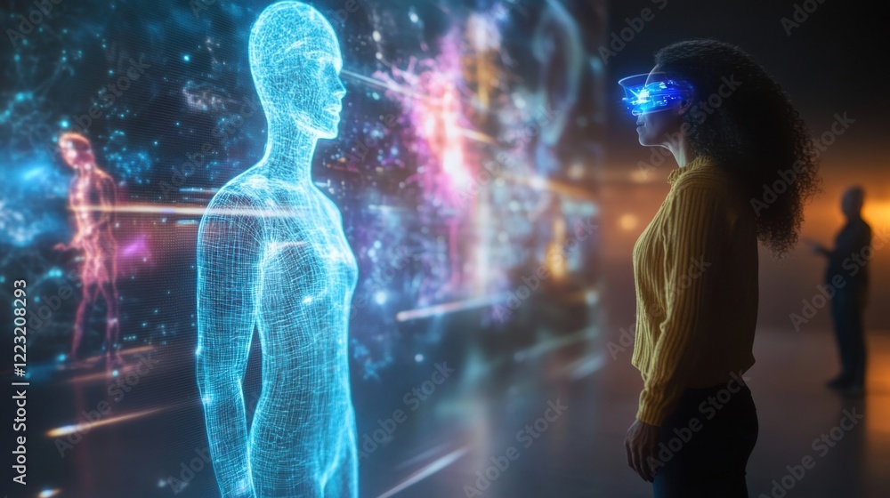 Poster a projection of diverse patients engaging with holographic health kiosks in public spaces emphasizin