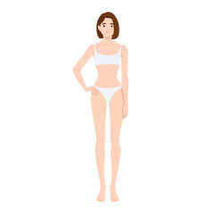 Woman standing confidently in a white undergarment set, body positivity and natural beauty. Flat vector illustration isolated on white background