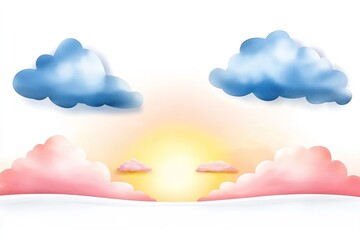 Soft pastel clouds float over a serene sunrise, creating a tranquil landscape scene