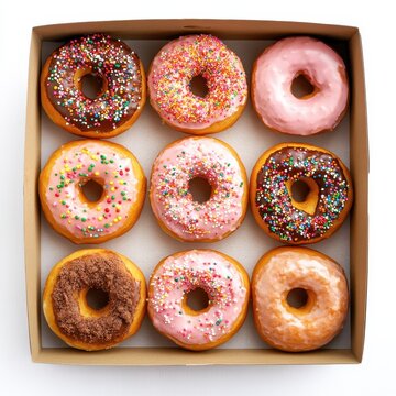 Freshly baked donuts in a cardboard box ready for breakfast or dessert