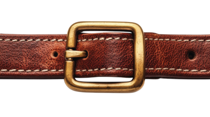 A vintage brown leather belt with a brass buckle on a rustic table, showcasing timeless style