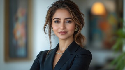 Confident young woman in a professional setting with a blurred background, exuding elegance