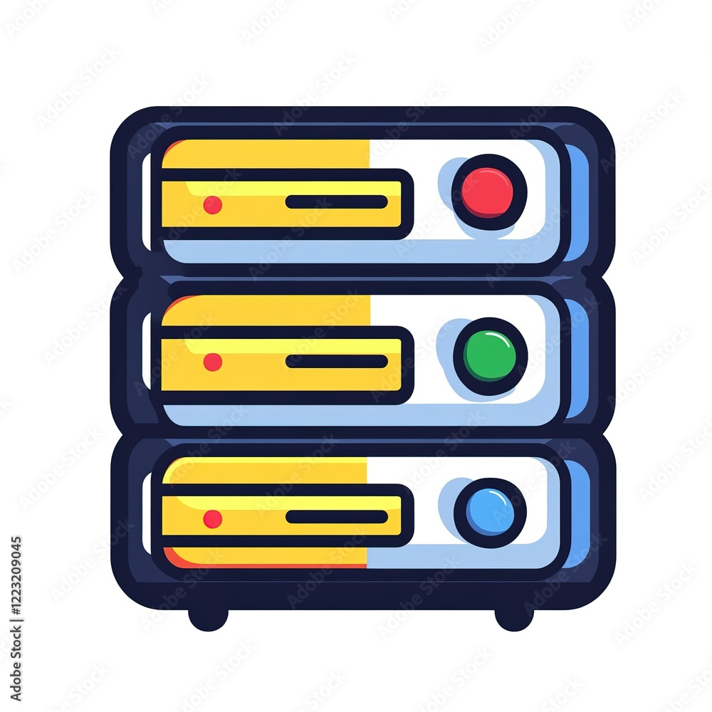 Poster three-tier server rack with status indicators.