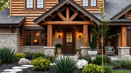 Luxury Log Cabin Home with Stone Exterior and Landscaped Entrance.  A perfect blend of rustic charm and modern design, this stunning property offers breathtaking views and a cozy atmosphere.