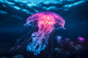 Glowing Jellyfish, swiming through the ocean, natural bioluminescent in the colors of blue and purple, beautiful wildlife