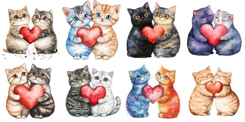 Cute Kittens Holding Hearts - Adorable watercolor painting of pairs of kittens cuddling and holding hearts, perfect for Valentine's Day or romantic themes.