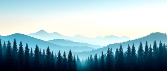 Obraz premium A serene landscape featuring layered mountains and dense pine forests, enveloped in mist and bathed in soft, natural light.