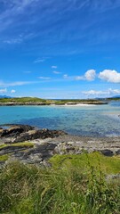 Panoramic view of the beach.Blue sky with big cloud.West Coast. Silver Sands of Morar, Scotland, UK