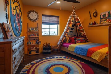 A colorful Southwestern interior design style children's bedroom featuring a teepee, a vibrant bedspread, and a round rug. The walls are painted bright yellow, adorned with art and a sun clock.