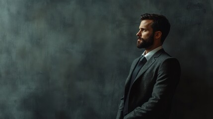 Handsome bearded businessman wearing watch, trendy suit and vest in modern studio against grey wall.