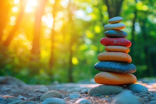 Serene stacked stones in a sunlit forest, symbolizing balance and tranquility.