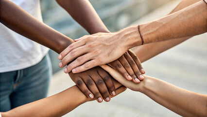 Teamwork and Unity Concept: Hands Stacked in Collaboration and Support