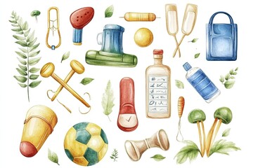 Colorful watercolor illustrations of sports and fitness equipment surrounded by greenery